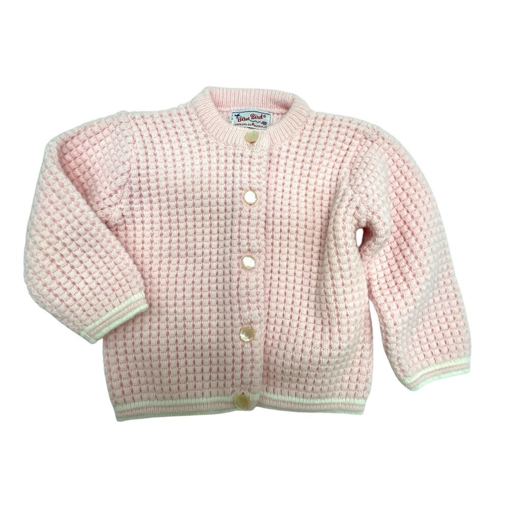 Vtg BLUE BIRD Baby Cardigan Sweater Sz 3-6M Waffle Knit Pearl Button Cottage USA